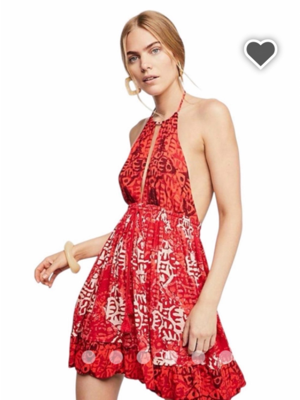 Free People Red Printed Backless Halter Mini Dress